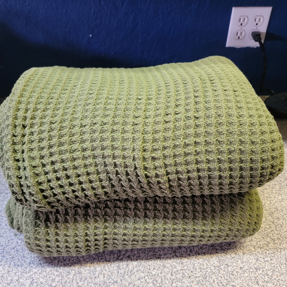 Two Bedsure Green Waffle Knit Blankets